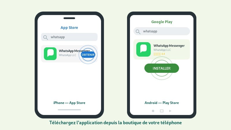 Capture d'écran : recherche WhatsApp dans l'App Store et le Play Store
