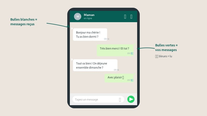 Conversation WhatsApp avec bulles blanches pour les messages reçus et bulles vertes pour les messages envoyés